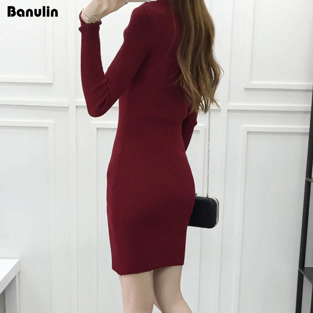 Banulin White Winter Women Warm Sweater Dresses Soft Long Sleeve Slim Bodycon Warm Casual Dress Sexy Mini Knitted Autumn Dress Sweaters