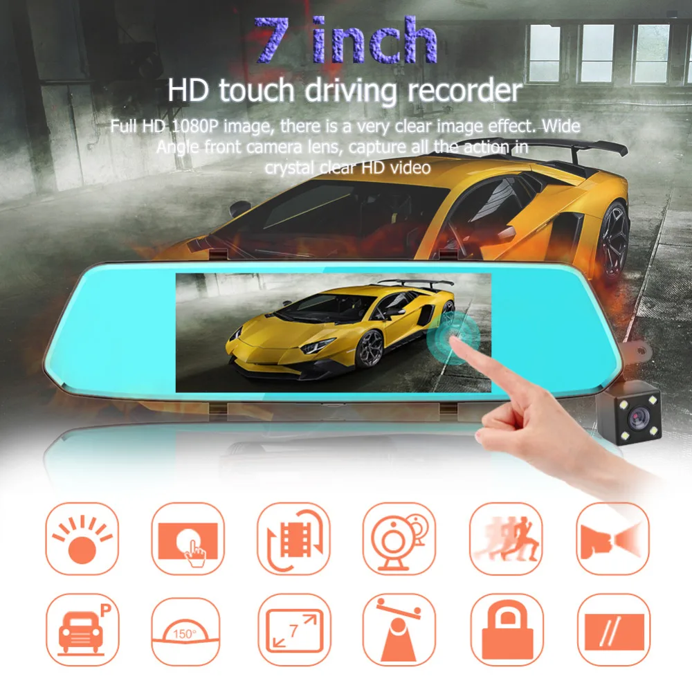 

7 Inch Touch Screen FHD 1080P Dual Lens Car DVR Camera Rearview Mirror Back-up Video Recorder Night Vision G-sensor Dash Cam