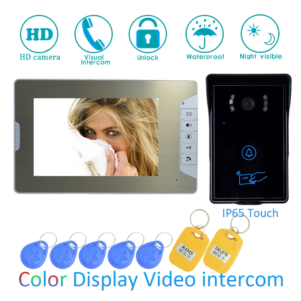 Free Shipping  (1 SET) Video Intercom Home Garden Improvement Door Phone 7'' Monitor With RFID Card Unlock Release