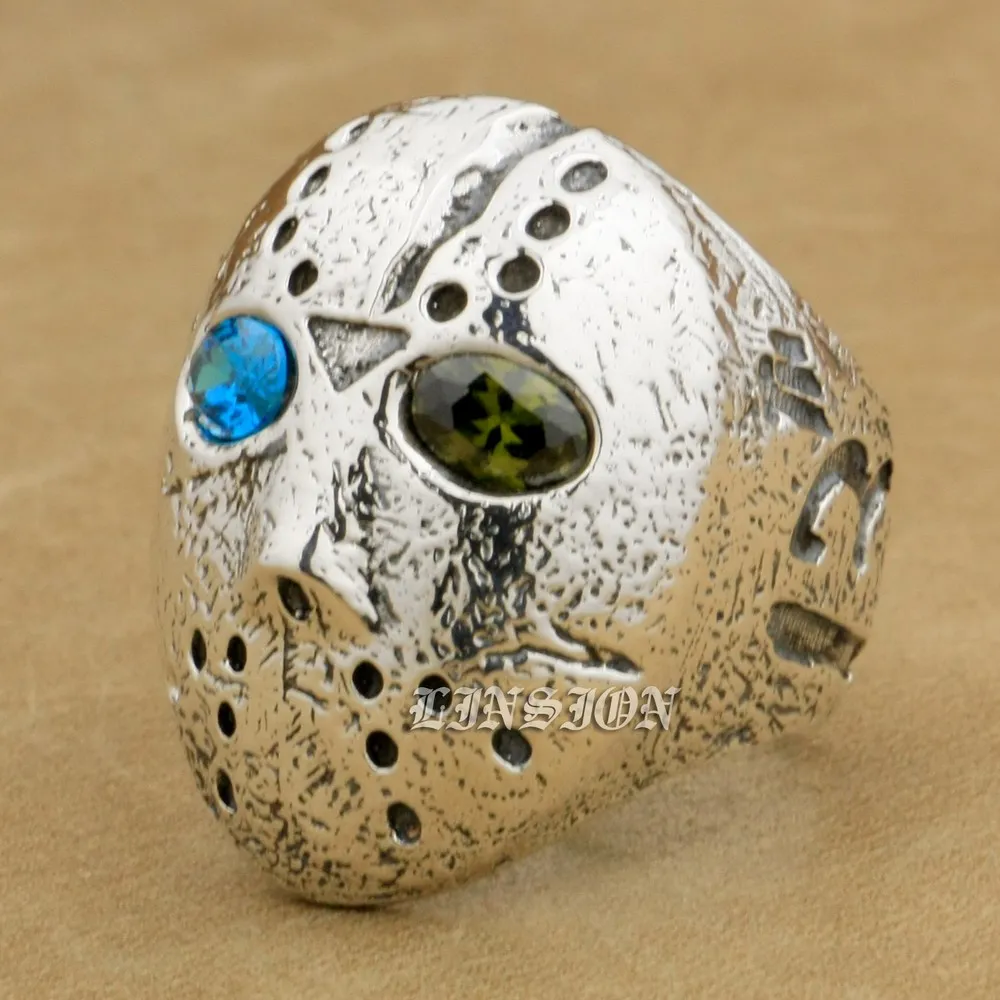 

US Size 8 ~ 15 Blue + Green CZ Eyes 925 Sterling Silver Halloween Jason Mask Mens Boys Biker Rock Punk Ring 9D404