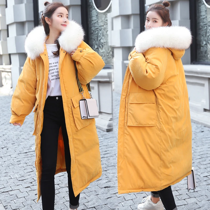 AYUNSUE Parkas Mujer Long Winter Jacket Women Coat Korean Parka Fur Collar Large Size warm padded womens jackets KJ2471 - Цвет: Yellow