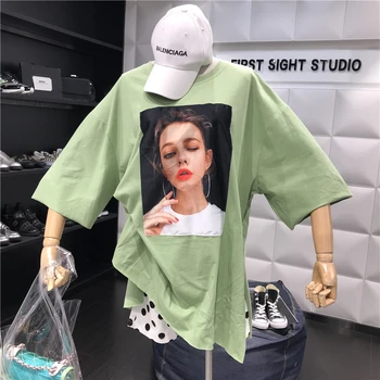 

2019 New Spring Summer Fashion Medium-long Female Tshirts O Neck Pullovers Tops Large Size Loose Printing Casual Women T-shirts