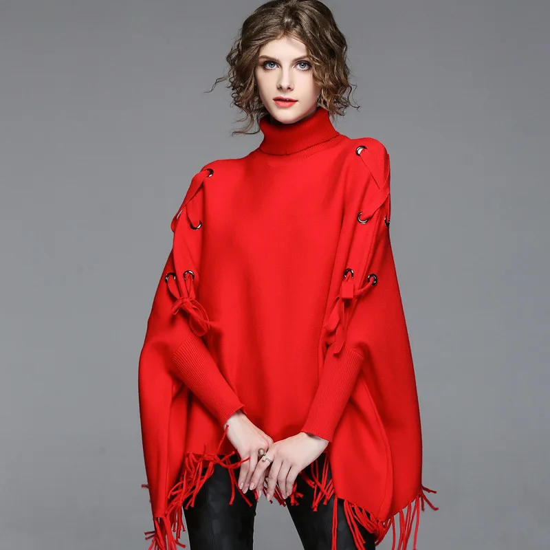 Pulls Gland Femelle Qualité Tricoté Lâche Chauve 2018 souris Col Roulé Manches Femmes rouge Chandail Haute Printemps Cape Nouveau Noir gris fqfZYI