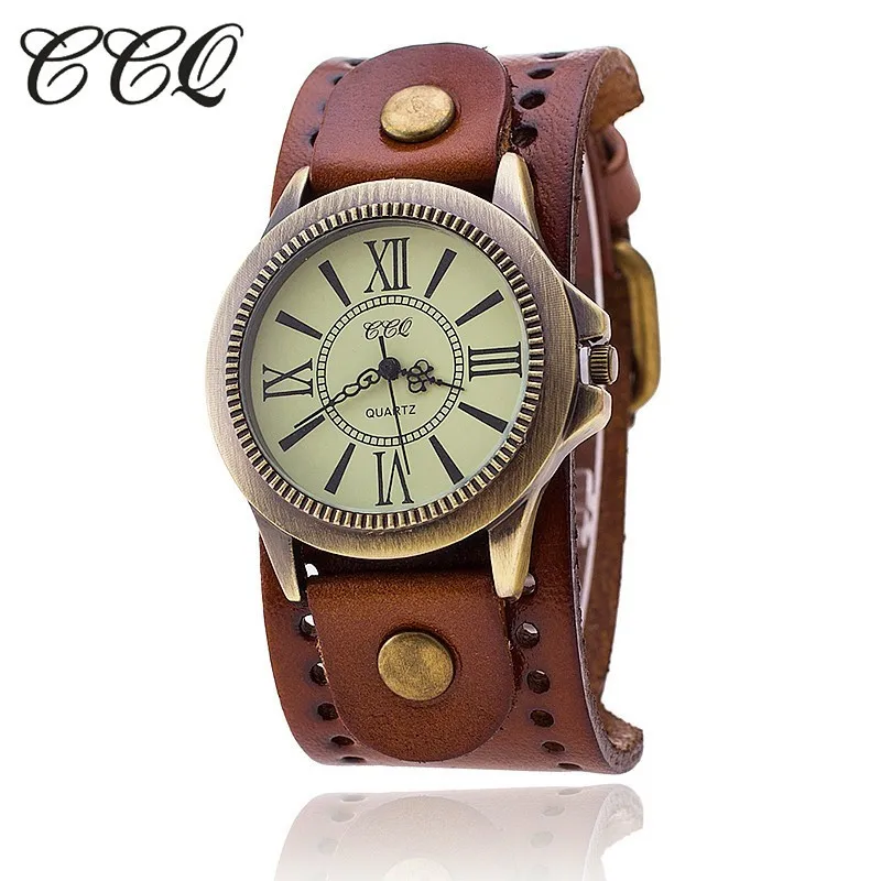 CCQ бренд Винтаж корова кожаный браслет для женщин наручные часы повседневное Роскошные Кварцевые часы Relogio Feminino - Цвет: light brown