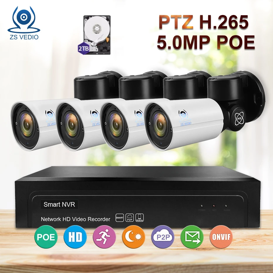 

ZSVEDIO Surveillance System Security IP Camera 4CH H.265 PTZ 5.0MP POE 4X Zoom NVR Kit CCTV System Camera Video Set Waterproof
