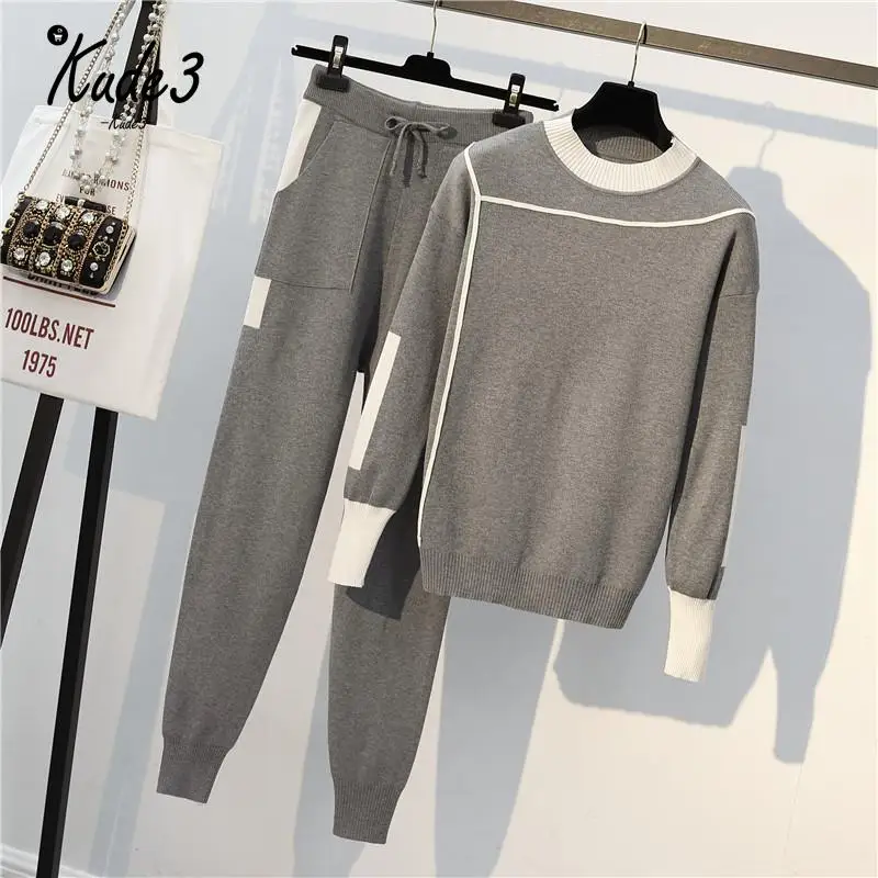 

Autumn 2 PCS Set Knitted Pullovers Sweater Casual Stripe Knit Jumper Tops and Pants Suits Fashionable Long Sleeve Tracksuit 8446