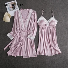 MECHCITIZ шелковый халат для женщин пикантные летний халат+ пижамы платье 2 шт. ночное кружево лоскутное атласный халат наборы ухода за кожей