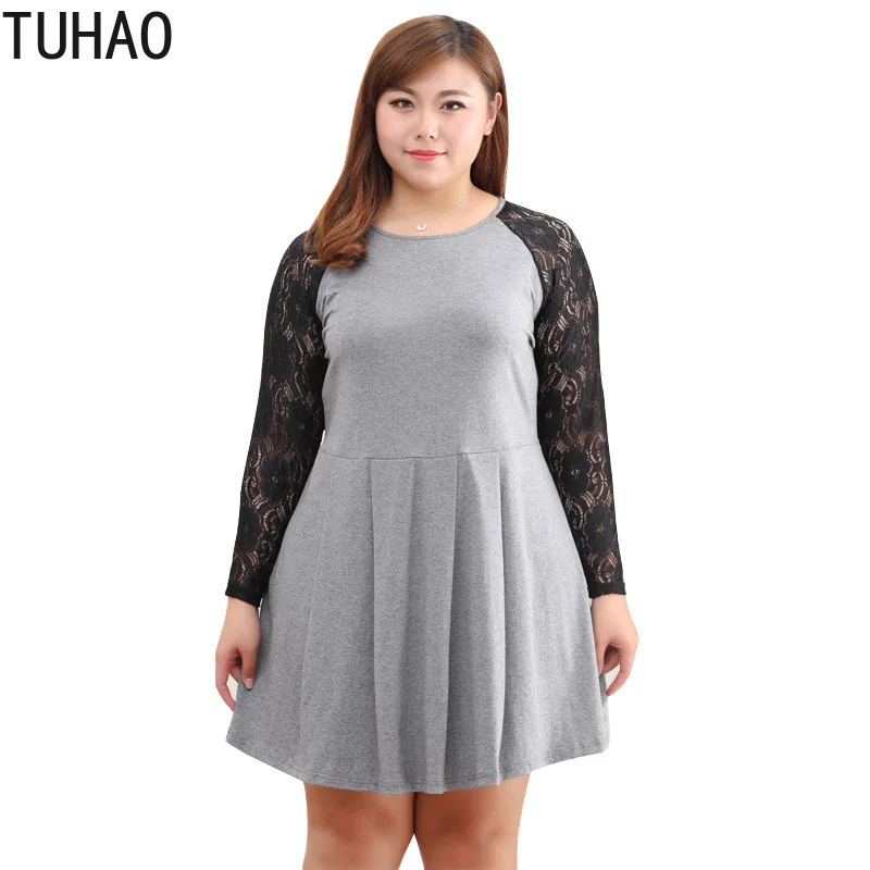 

TUHAO Spring Elegant Womens Dresses Lace Sleeve Dress Vintage Gray Office Lady Cotton Casual Dress Plus Size 10XL 8XL 6XL