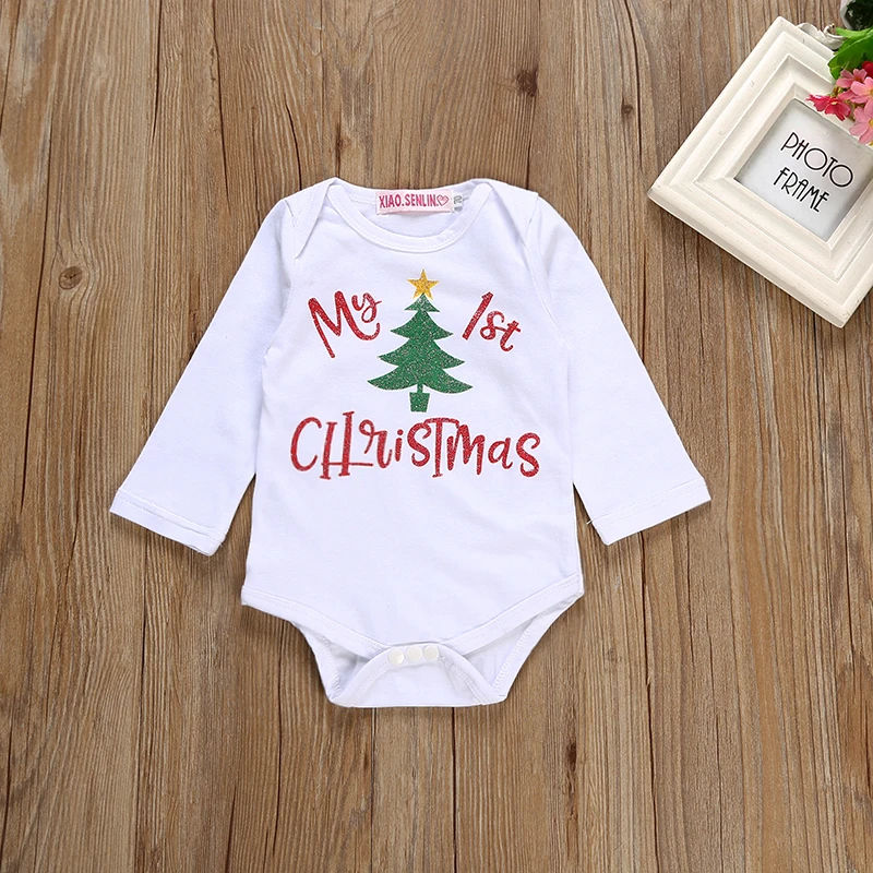 Комплект одежды для маленьких мальчиков, хлопковая одежда для новорожденных девочек боди с длинными рукавами и принтом рождественской елки+ штаны+ шапочка, комплект из 3 предметов для малышей