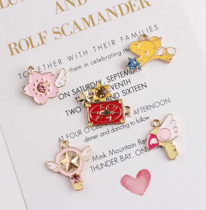 

5pcs Mixed Enamel Magic Sakura Charms Claw Clasp Cats Magic Stick Pendants For DIY Jewelry Cardcaptor Charms for Bracelets