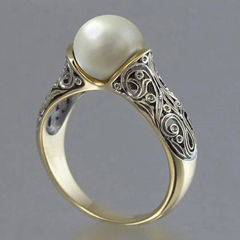 

Gold Color Punk Vintage Flower Big Simulated Pearl Ring for Woman Dropshipping