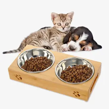 

Single/Double Pet Dog Bowl Stainless Steel Pet Bowl Bamboo Bottom Food Water Dual-use Feeding Dish Pet Supplies