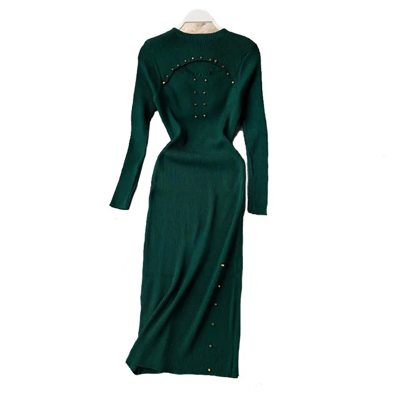 

Womens Autumn Winter Dress Slim Hollow Chest Knit Bodycon Sexy O-neck long-sleeved Sweater dress Female Vestido LS065