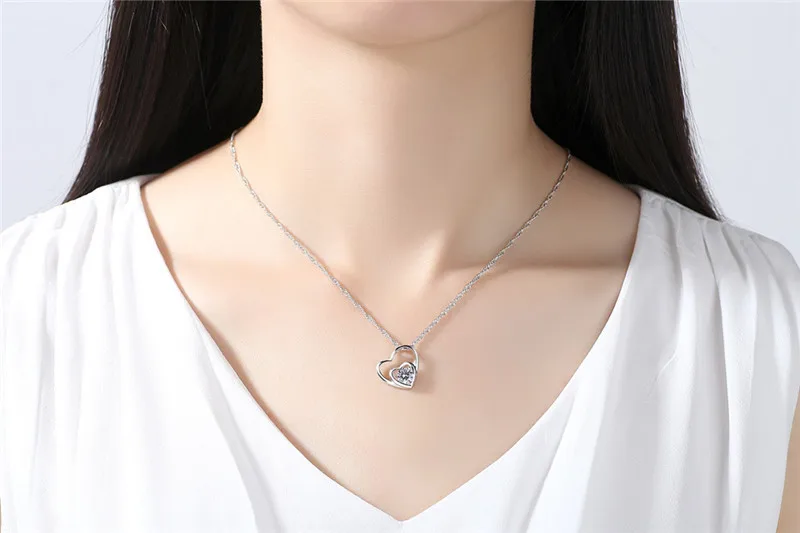Fashion Heart Zircon Necklace for Women Silver Color Long Chain Pendant Necklaces Love Couple Gift Ethnic Bohemian Jewelry N146 (12)