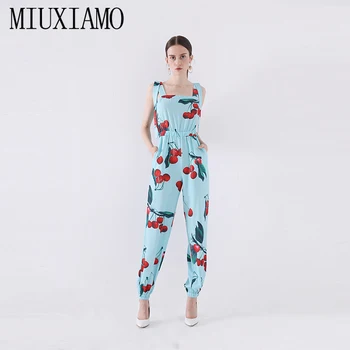 

MIUXIMAO High Quality 2019 Newest Summer New Arrival Elegant and thin Cherry Print Sky Jumpsuits Women