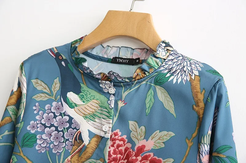 VOGUEIN новые женские винтажные Цветочные птицы печати синий гофрированные с длинным рукавом Миди платье