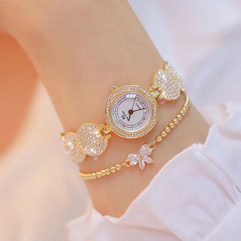 

Gold Silver New Design Fashion Women Watch Elegant Flower Bracelet Wristwatches Round Quartz Watch Luxury Brand BS