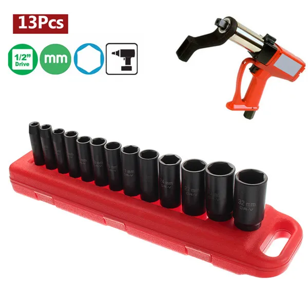

13Pcs 10-32mm 1/2 Inch Deep Air Impact Sockets Set Metric Imperial Drive Air Garage Electric Wrench Tools Kits Socket Black