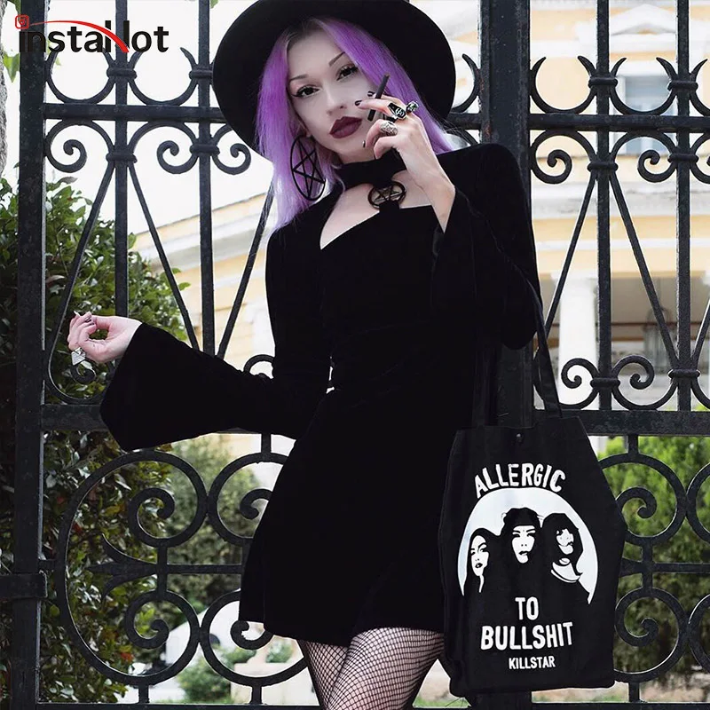 Vente InstaHot velours gothique noir hiver robe femmes Halloween Flare manches étoiles faux cou Midi robes automne doux 2018 mode