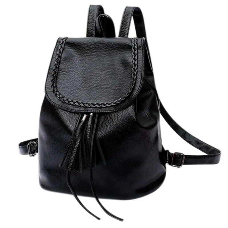 Fashion Korean Women Casual Backpack Leather Tassels Solid Color