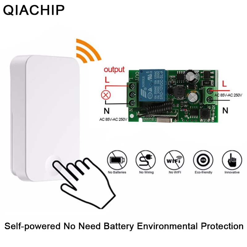 

QIACHIP 433Mhz Self Power Wireless Remote Control Switch AC 110V 220V 1CH Relay Receiver Module Unlimited Battery Transmitter