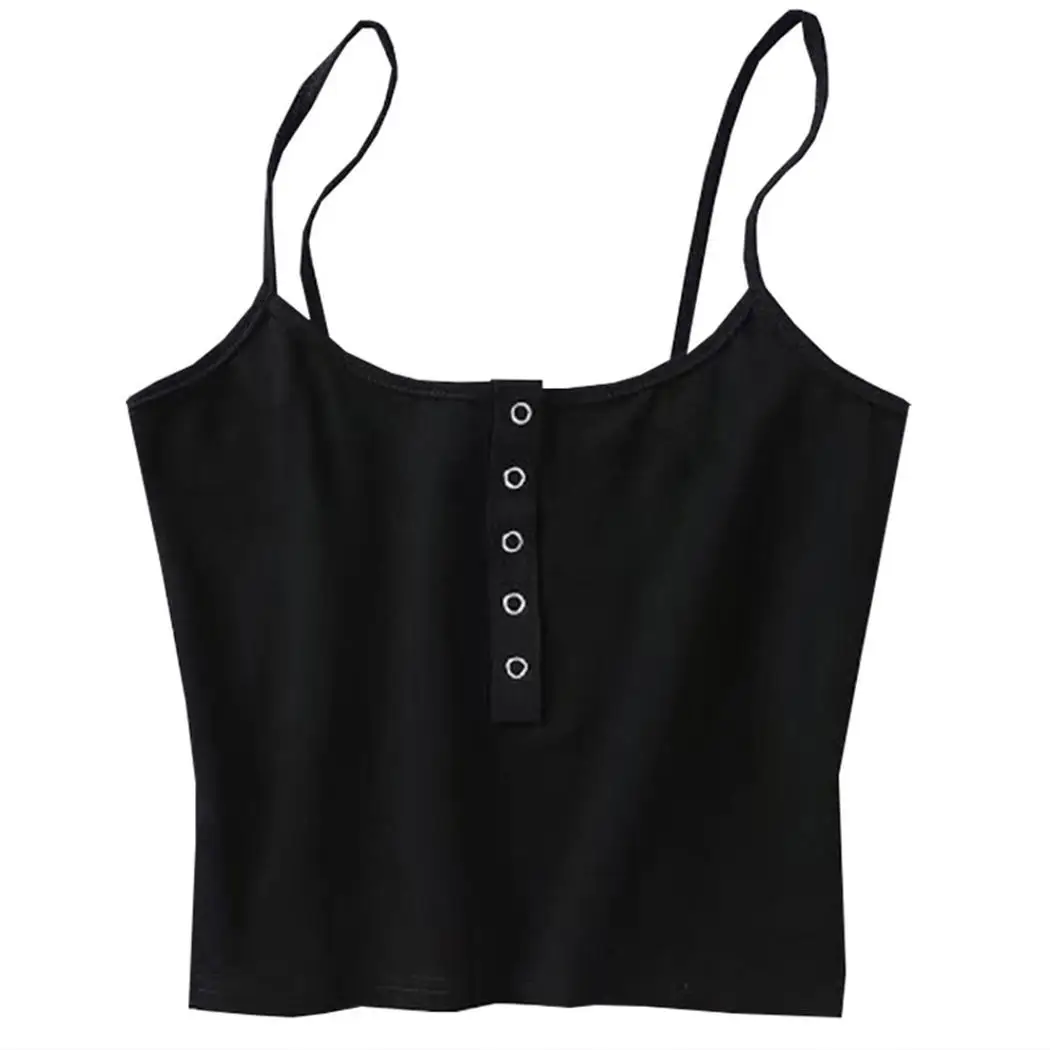 

Women Casual U-Neck Spaghetti Strap Solid Short Cami White, Black Summer Button Button Closure Crop Top