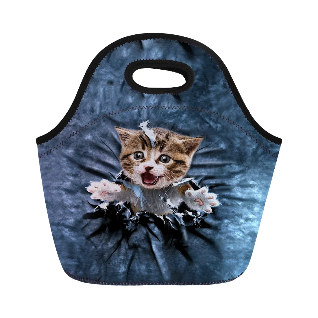 NOISYDESIGNS Blue Denim Cats Lunch Bag for Kids Small Pocket Animals