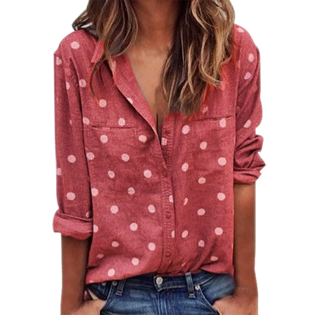 

Spring Modern Lady Plus Size Long Sleeve V-Neck Polka Dot Blouse Pullover for Tops Shirt Casual Women Button Streetwear