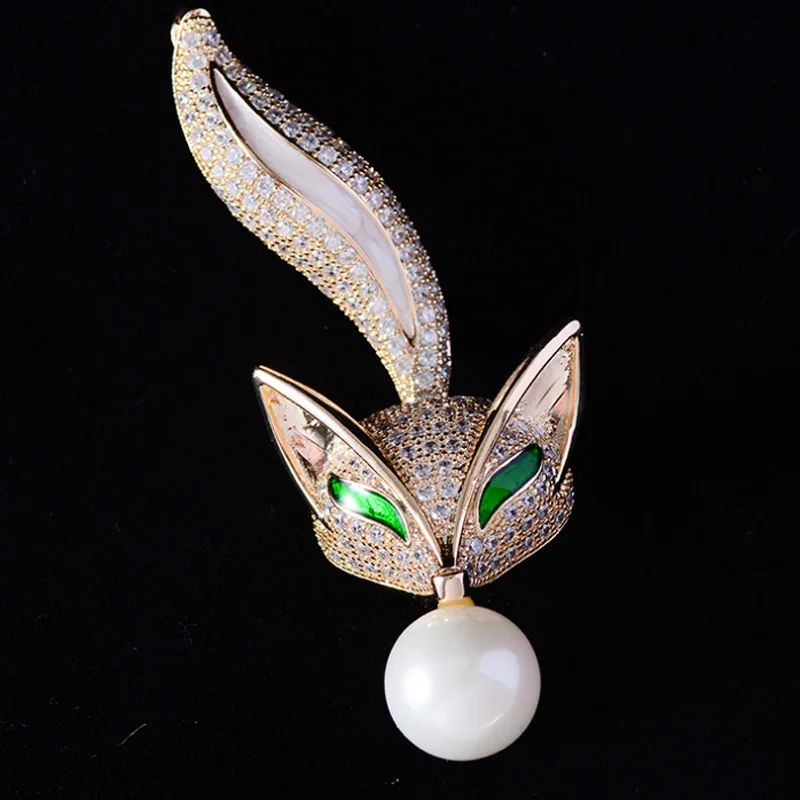 

Zlxgirl Luxury Brand Cubic Zirconia Fox Animal Shape Men bridal brooch jewelry Metal imitation pearl hijab accessory scarf pins