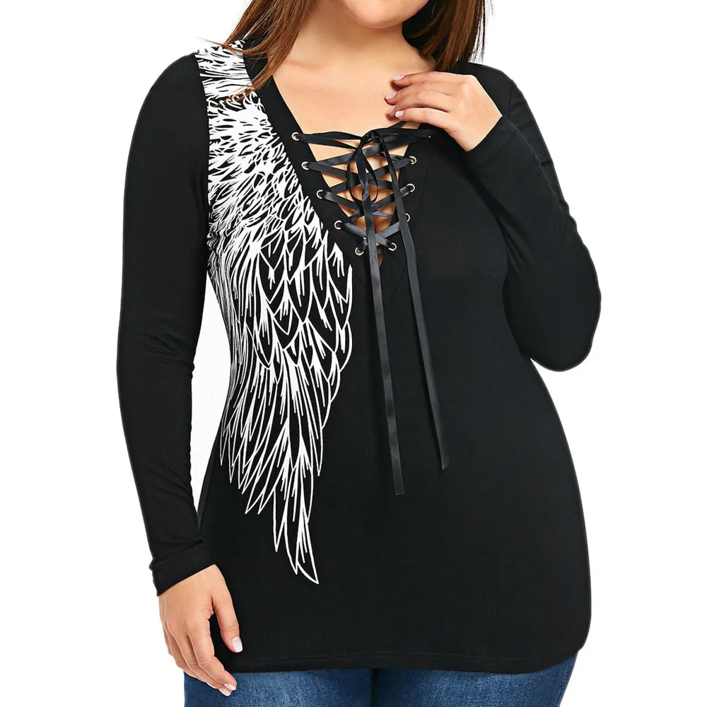 

Plus Size Spring Women Blouses Lace Up Print Long Sleeve Tops Lace Deep V Neck Tee Shirt Womens Clothing Blusas Feminina 5XL
