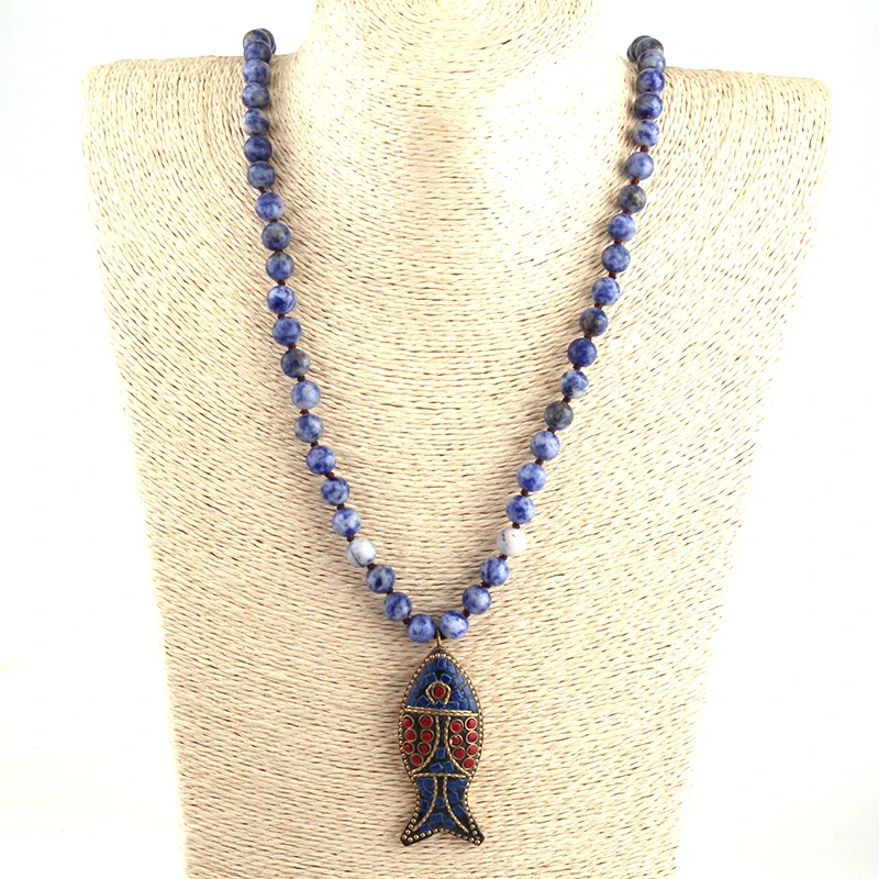 F Artisan Halsband Long Knot Blue Dot Stones Bead Fish Necklaces