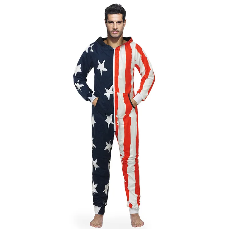 

2019 New Men Star and Flag Print Jumpsuits Overalls Spring Trousers Working Hooded Pants Casual Overall Male Patchwork jumpsuit