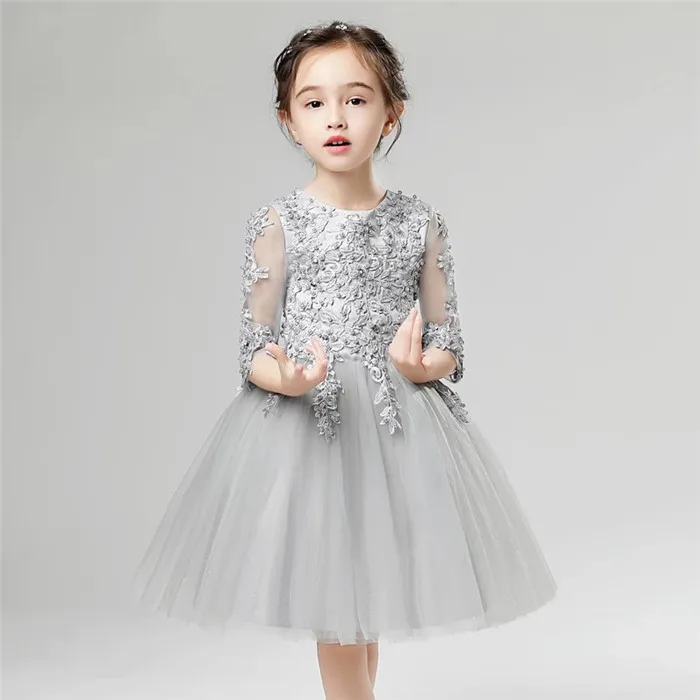 grey short dress Новинка года; элегантные милые кружевные платья для девочек; однотонные вечерние платья принцессы с круглым вырезом; цвет розовый, серый; детская одежда - Цвет: grey short dress