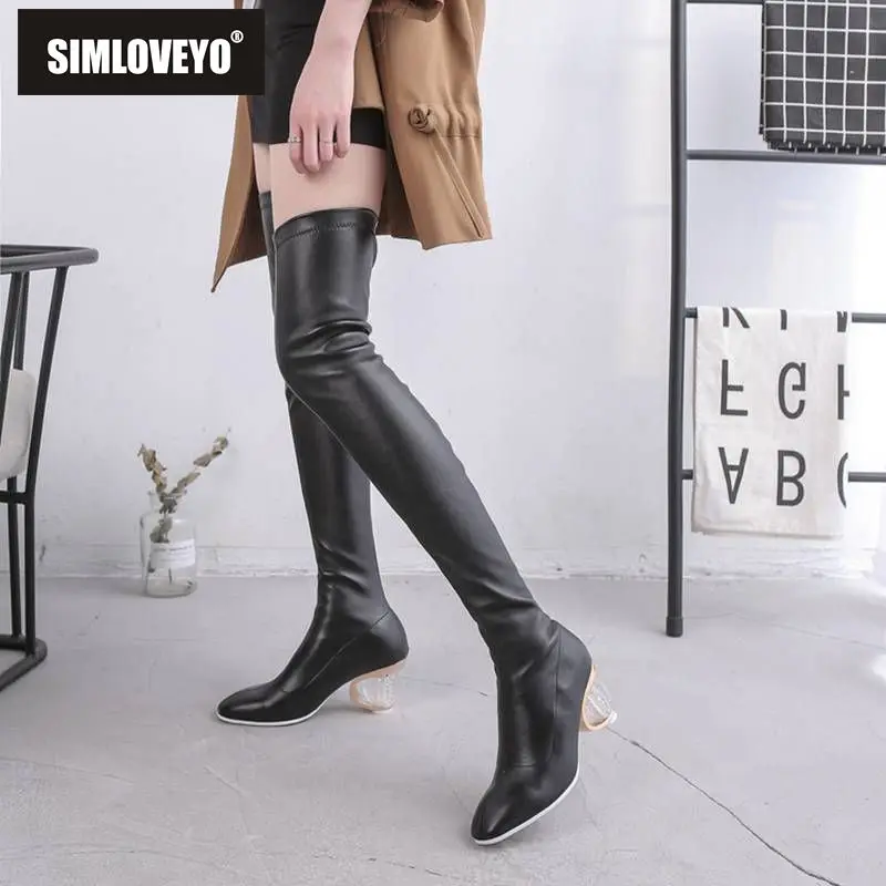 

SIMLOVEYO Over the knee boots Winter Shoes women Clear heel Round toe Slip on Leather Black Thigh high boots Stretch Booties