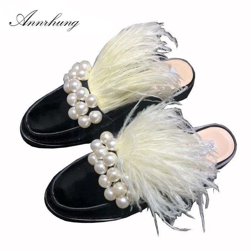 

2019 New Feather String Bead Slippers Women Fashion Round Toe Flat With Genuine Leather Beading Pearl Decor Mules For Women