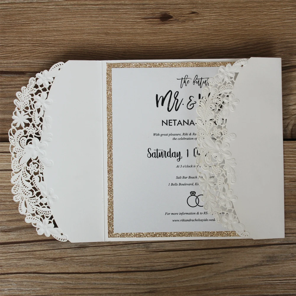  Elegant White Wedding Invitation Customized Invitations Personalized Invitation Cards with Gold Lin - 32870950690
