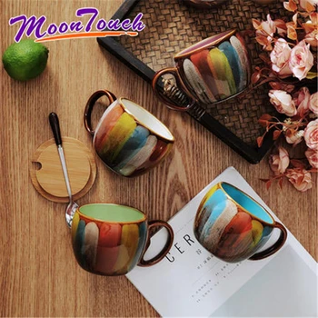 

Retro Ceramic Coffee Mug With Lid And Spoon Milk Cup Breakfast Cup Vintage Large Capacity Creative European Style Colorful Paint