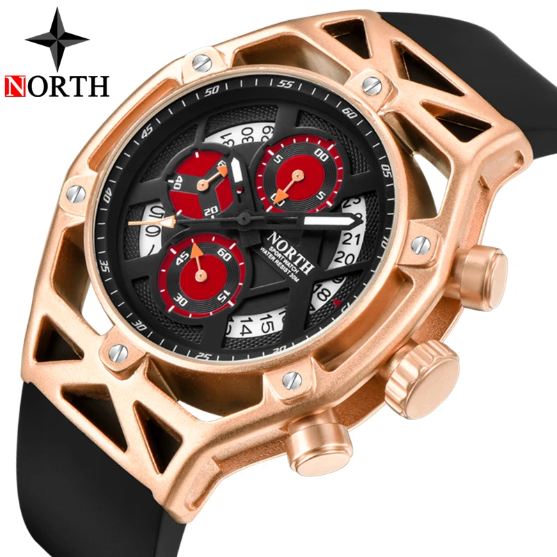 

NORTH Mens Watches Top Brand Luxury Chronograph Quartz Watch Men Rubber Casual Military Sport Clock Gold Watch Relogio Masculino