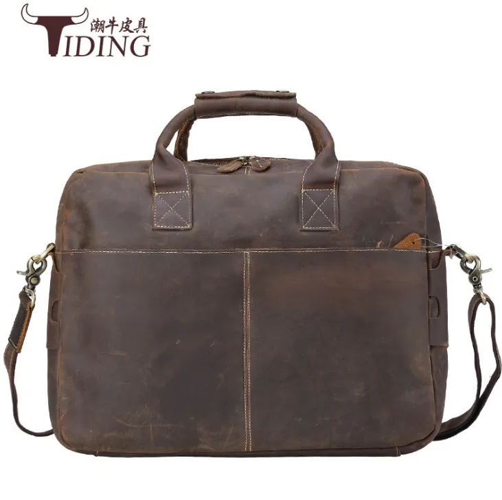 

Men Crazy Horse Genuine Leather Messenger Shoulder Bag2017 Vintage Handmade 16 inch Laptop Briefcase Casual Travel Weekend Tote