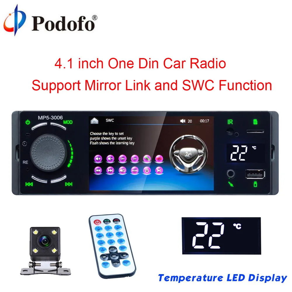 

Podofo 4" Bluetooth Car Radio Touch Screen 1 Din Mirror Link Autoradio MP5 Video Player USB AUX Audio Stereo Rearview Camera