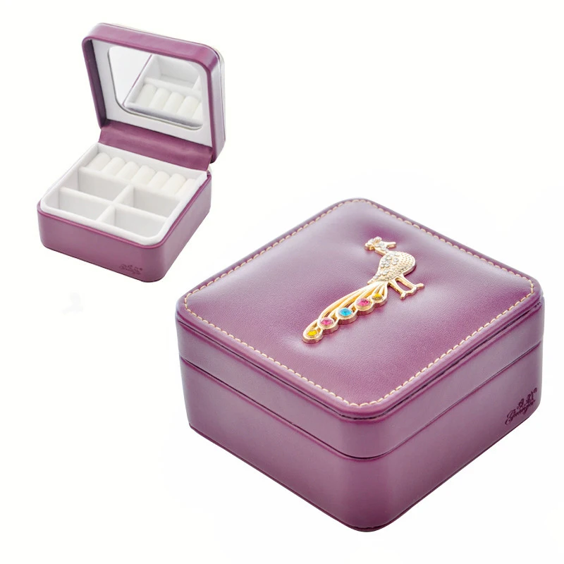 

*Rings & Earrings Storage Box High-grade Leather Jewelry Box Crown /Peacock Crystal Decoration Ornaments Storage Box With Mirror