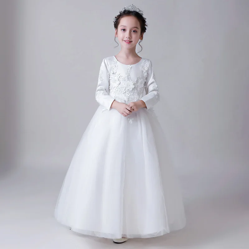 Белые зимние модельные шоу, Длинные бальные платья платье с рукавами для девочек детские подростковые праздничные платья на день рождения