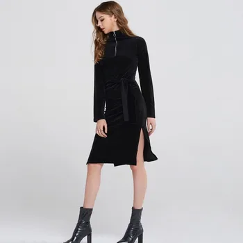 

Vestidos Mujer Dress Real Regular Above Knee, Mini Summer Loose 2018 New Style Women High Collar Zipper Tie Side Slit Dress