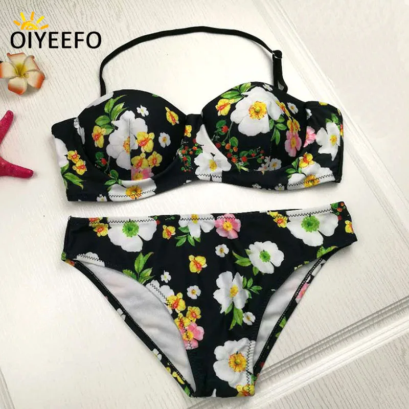 Oiyeefo Sexy Black Floral Bikini Push up Swimsuit Thick Padded