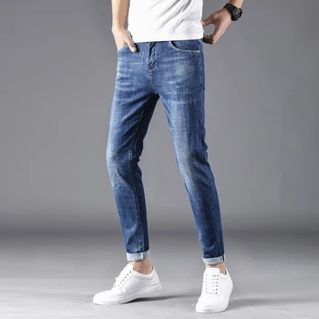 

causal style straight fit stretch slub denim blue jeans pants trousers for men adults youth boys spring autum season