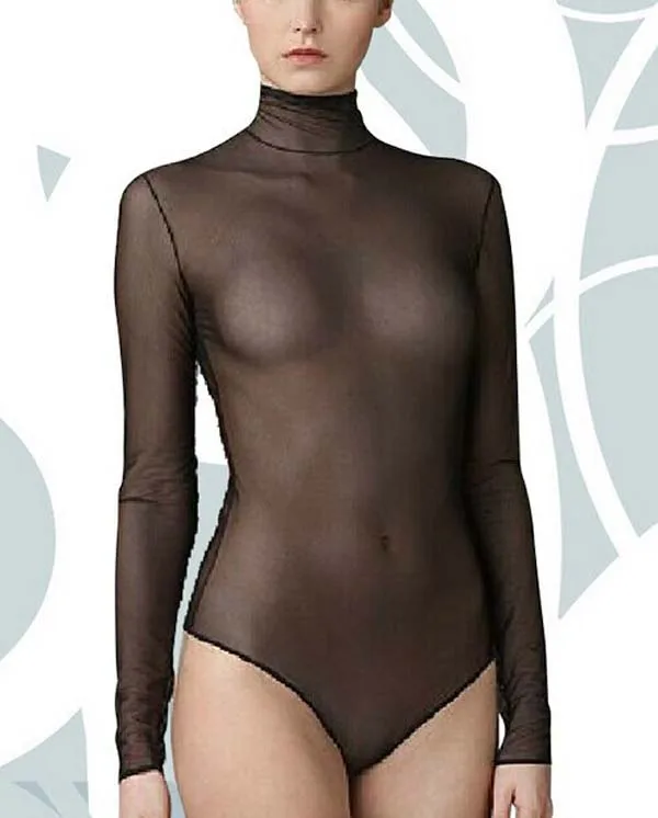 

Sexy Mesh Erotic Catsuit Long Sleeve High Neck Bodysuit Transparent Open Crotch Jumpsuit Women Elastic DS Dance Nightclub