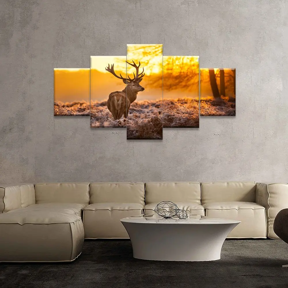 Canvas Print Wall Art Picture Deer In Autumn Forest In Sunset Animal Wildlife 4 Pieces Paintings Modern Giclee Stretched And Framed Artwork The Animal Pictures Photo Prints On Canvas