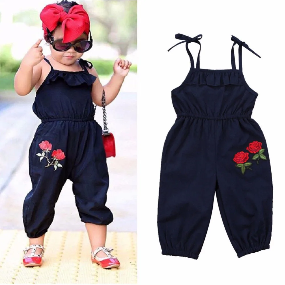 Fashion Infant Kids Baby Girls Overalls Flower Embroidery Straight