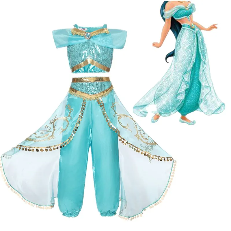 

Summer Girl Dress Arabian Princess Jasmine Dress up Costume Children Sleeveless Sequin Cosplay Clothes Kid Party Fantasy for 8 T