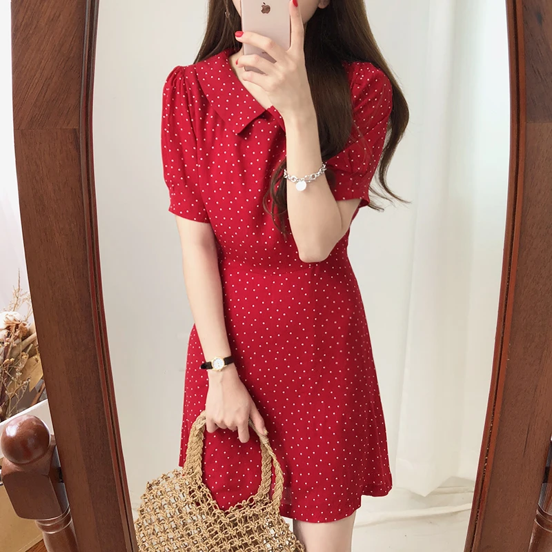 

BGTEEVER Casual Short Sleeve Turn-down Collar Women Dress Elegant Polka Dot A-line Chiffon Summer Female Dress Short Vestidos